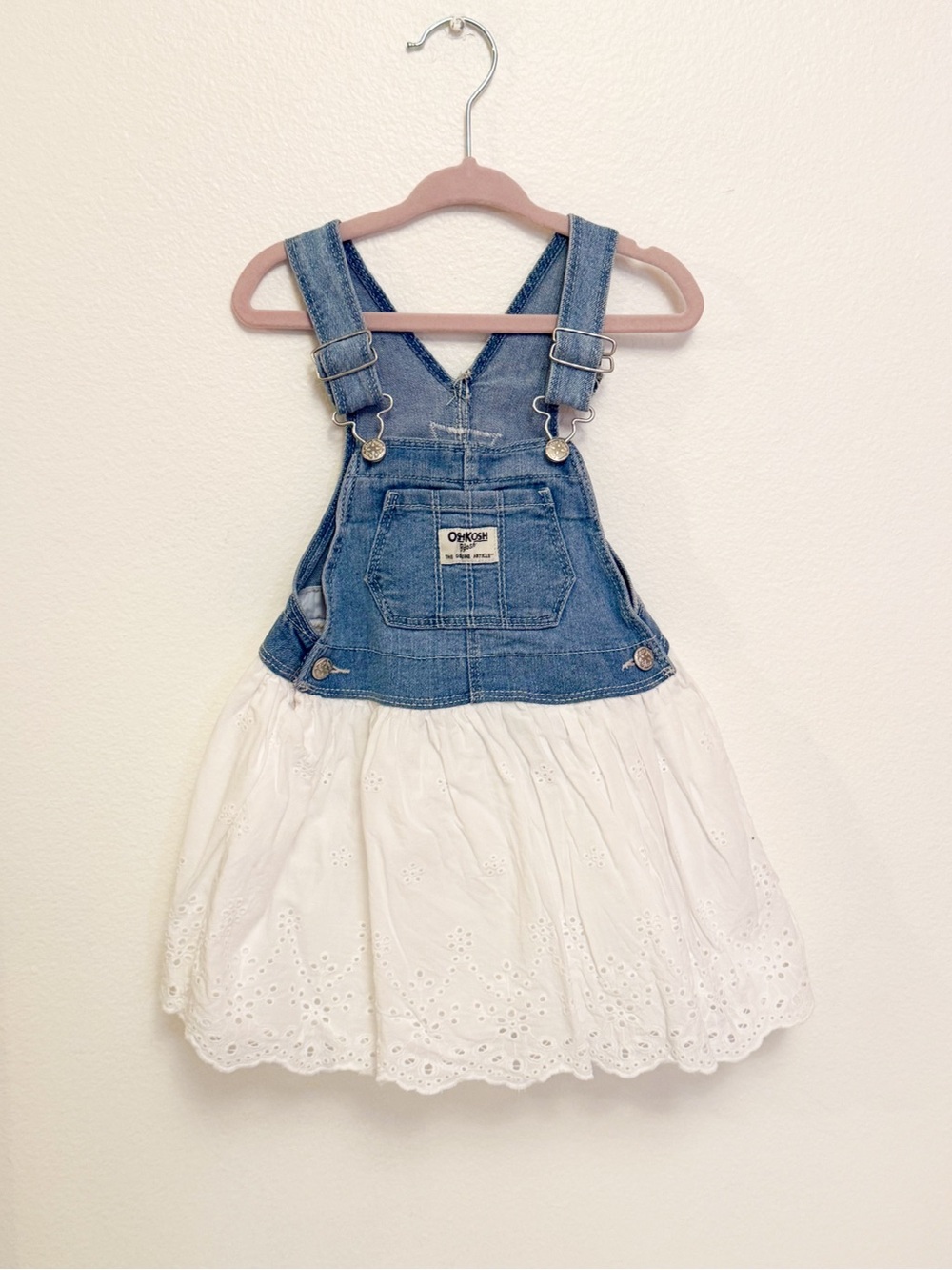OshKosh B'gosh Blue Denim Eyelet Skirt Overall Dress - Blue and White